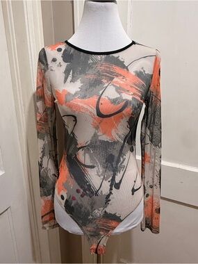 New with Tags Fashion Nova Sheer Abstract Brushstroke Long-Sleeve Bodysuit